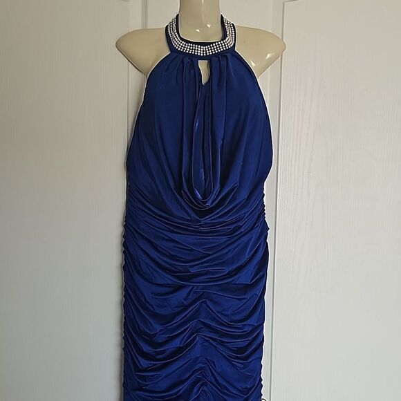 Jovani Rushed Halter Neckline With Faux Pearl Maxi Dress With Side Slit 12 Blue - Picture 3 of 16